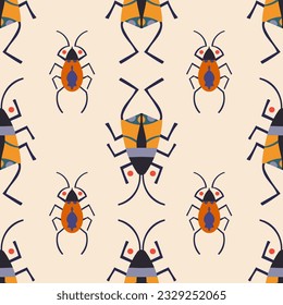 Geometric seamless pattern with colorful bugs - hand drawn vector illustration. Flat color design.