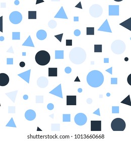 Geometric Seamless Pattern with Colorful Figures. Triangles, Squares, Circles on White Background. Endless Texture or Rapport for Page Fill, Paper, Cloth, Linen, Upholstery.