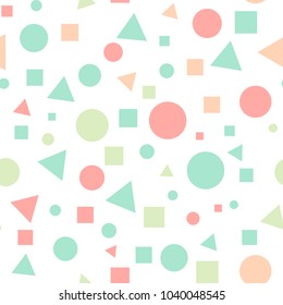 Geometric Seamless Pattern with Colorful Figures. Triangles, Squares, Circles on White Background. Endless Texture or Rapport for Page Fill, Paper, Cloth, Linen, Upholstery.