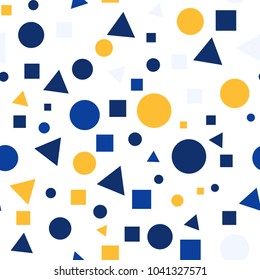 Geometric Seamless Pattern with Colorful Figures. Triangles, Squares, Circles on White Background. Endless Texture or Rapport for Page Fill, Paper, Cloth, Linen, Upholstery.