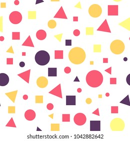 Geometric Seamless Pattern with Colorful Figures. Triangles, Squares, Circles on White Background. Endless Texture or Rapport for Page Fill, Paper, Cloth, Linen, Upholstery.
