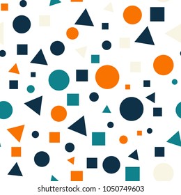 Geometric Seamless Pattern with Colorful Figures. Triangles, Squares, Circles on White Background. Endless Texture or Rapport for Page Fill, Paper, Cloth, Linen, Upholstery.