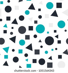 Geometric Seamless Pattern with Colorful Figures. Triangles, Squares, Circles on White Background. Endless Texture or Rapport for Page Fill, Paper, Cloth, Linen, Upholstery.