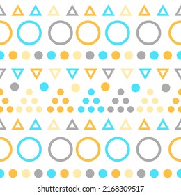 Patrón geométrico sin fisuras con figuras coloridas. Triángulos, sirculos sobre fondo blanco. Textura sin fin en colores naranja y azul