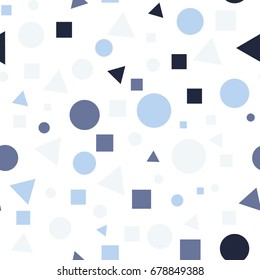 Geometric Seamless Pattern with Colorful Figures. Triangles, Squares, Circles on White Background. Endless Texture or Rapport for Page Fill, Paper, Cloth, Linen, Upholstery.