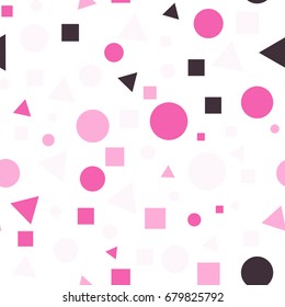 Geometric Seamless Pattern with Colorful Figures. Triangles, Squares, Circles on White Background. Endless Texture or Rapport for Page Fill, Paper, Cloth, Linen, Upholstery.