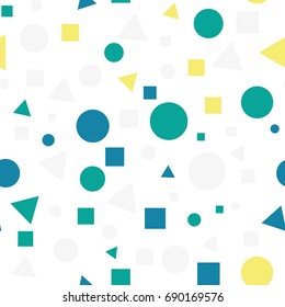 Geometric Seamless Pattern with Colorful Figures. Triangles, Squares, Circles on White Background. Endless Texture or Rapport for Page Fill, Paper, Cloth, Linen, Upholstery.