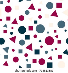 Geometric Seamless Pattern with Colorful Figures. Triangles, Squares, Circles on White Background. Endless Texture or Rapport for Page Fill, Paper, Cloth, Linen, Upholstery.