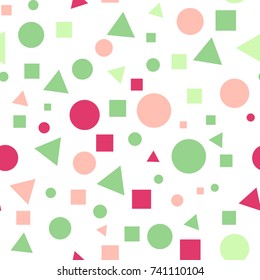 Geometric Seamless Pattern with Colorful Figures. Triangles, Squares, Circles on White Background. Endless Texture or Rapport for Page Fill, Paper, Cloth, Linen, Upholstery.