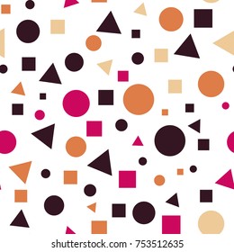 Geometric Seamless Pattern with Colorful Figures. Triangles, Squares, Circles on White Background. Endless Texture or Rapport for Page Fill, Paper, Cloth, Linen, Upholstery.