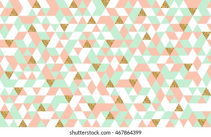 Geometric seamless pattern with colorful and glitter gold triangles. Abstract mosaic background for cards, wedding invitation or scrap booking. Vector illustration.