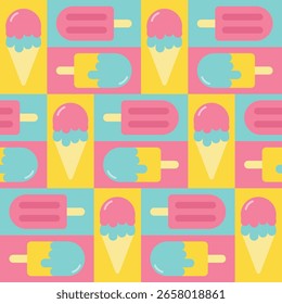 Geometric seamless pattern with colorful ice cream. Background for poster, print, cards, wrapping paper, clothes decoration and ice cream shop. Vector illustration