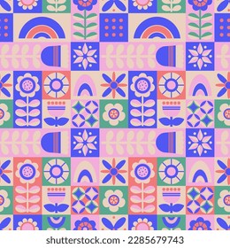 Geometric seamless pattern. Colorful minimalistic abstract repeatable pattern tile design with flowers, shapes and forms. Vector illustration. Hand drawn flat style