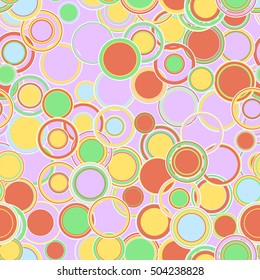Geometric seamless pattern. The colorful multicolored circles and rings of different sizes, are located in a chaotic manner. Useful as design element for texture and artistic compositions.