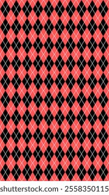 Geometric seamless pattern with colorful shapes, black red Harlequin, Argyle. Circus. Design for cover, fabric, textile, wrapping paper.Pattern design over red background.
