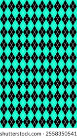 Geometric seamless pattern with colorful shapes, black sea green Harlequin, Argyle. Circus. Design for cover, fabric, textile, wrapping paper.Pattern design over sea green background.