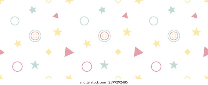 Geometric seamless pattern with colorful shapes including circles, stars, triangles and rhombuses