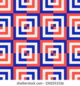 Geometric seamless pattern with colorful squares, tiles, lines, stripes. Abstract red and blue neon graphic texture. Trendy background in 1980-1990’s style. Optical art. Repeat design for decor, print