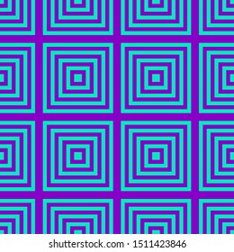 Geometric seamless pattern with colorful squares, tiles, lines, stripes. Abstract graphic texture in bright colors, neon purple and turquoise. Trendy vector background in 1990's style. Repeat design