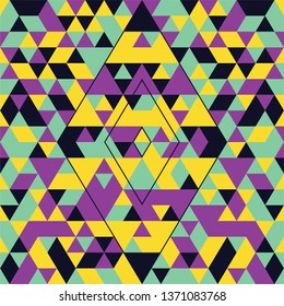 Geometric seamless pattern with colorful triangles. Turquoise, yellow and purple.