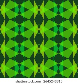 Padrão geométrico sem emenda. Fundo colorido complicado. Formas poligonais em tons de verde. Um padrão complexo de formas geométricas translúcidas em um plano de fundo escuro. Design clássico de vidro manchado