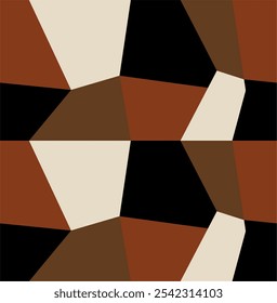 Geometric seamless pattern consisting of several polygons in black, brown, beige and red colors. Polygons are organized in a mosaic