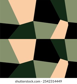 Geometric seamless pattern consisting of several polygons in black, green, dark green and beige colors. Polygons are organized in a mosaic