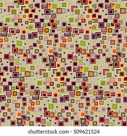 Geometric seamless pattern. It consists of squares with different colors and sizes, arranged on light khaki background. Useful as design element for texture and artistic compositions.