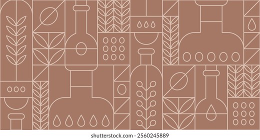 Geometric seamless pattern with cooking oil in bottles and tree leaves. Vector outline abstract background in modern linear style in mocha mousse color with seed and nut oils and branches