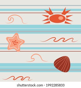 Geometric seamless pattern. Crab, starfish and seashell on white sand, sea beach, sea and ocean inhabitants