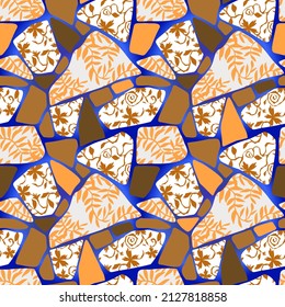 Geometric seamless pattern with cracked ceramic tile texture. Kintsugi style background. Japanese technique with broken pieces glued together. Mosaic ornament with abstract folk floral textures.