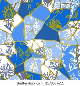 Geometric seamless pattern with cracked ceramic tile texture. Kintsugi style. Japanese technique with broken porcelain pieces glued with gold. Mosaic ornament with abstract meadow floral textures.