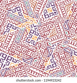 Geometric seamless pattern created in trendy ethnic style. Unique boho tile. Perfect for textile design, wrapping paper, wallpaper, site backdrop and screens background.
