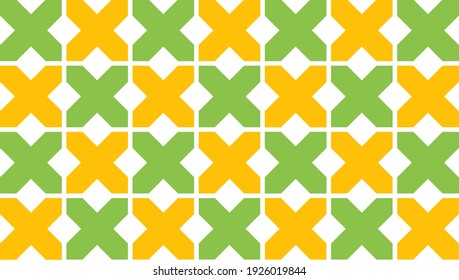 Geometric seamless pattern with criss-cross X shapes in green and yellow tones, forming a repetitive and symmetrical design.