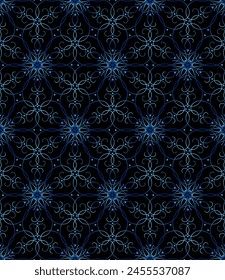 Geometric seamless pattern with curve lines. Magical illusion ornament. Blue gradient mandala on black background. Lace of delicate swirl. Monochrome dark blue design for web, home decor, clothes.