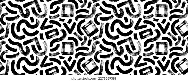 Geometric seamless pattern with curved bold lines. Squares, stripes and curly lines. Hand drawn modern geometric shapes pattern. Chaotic ink brush scribbles decorative texture. Vector ink ornament.