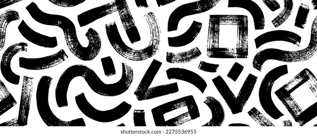 Geometric seamless pattern with curved bold lines. Squares, stripes and curly lines. Hand drawn modern geometric shapes pattern. Chaotic ink brush scribbles decorative texture. Vector ink ornament.