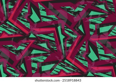 Geometric seamless pattern with curved lines, arrows, shabby texture. Grunge geometrical ornament fo sport textile, boy and girl clothes, wrapping paper. Burgundy, blue colors 