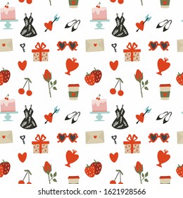 Geometric seamless pattern, cute hearts, glasses, lips, cherries, strawberries, cakes, coffee, vector on a white background. For festive packaging, printing on textiles, fabrics, bags, cosmetic boxes.