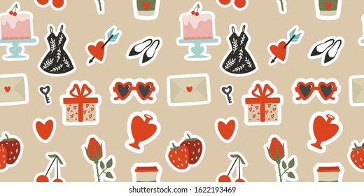Geometric seamless pattern, cute hearts, dress, lips, cherries, strawberries, cakes, coffee, vector on a beige background. For festive packaging, printing on textiles, fabrics, bags, cosmetic boxes