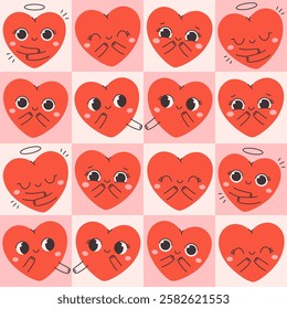 Geometric seamless pattern with cute kawaii heart characters. Valentines Day posters, cards, gift wrapping, social media design. Vector illustration in flat style