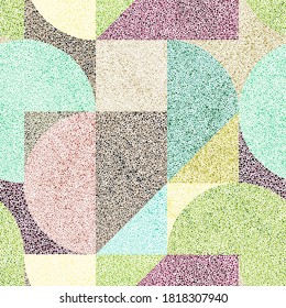 Geometric seamless pattern. Cute simple print for textiles, carpets, pillows, home decor. Simple abstract shapes. Hand-drawn patchwork ornament in the style of pointillism. Vector illustration.