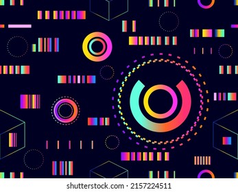 Patrón geométrico sin soldadura al estilo ciberpunk. Gradiente formas geométricas futuristas en el estilo de los años 80. Diseño de ondas sintéticas y retroondas para banners, productos promocionales y afiches. Ilustración del vector