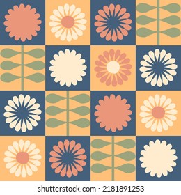 Geometric seamless pattern with daisies in 1980 aesthetic style. Floral checkered print for tee, poster, fabric, textile. Retro vector illustration for decor and design.


