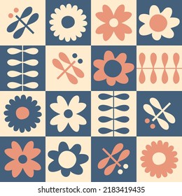 Geometric seamless pattern with daisies and dragonflies in 1980s style. Checkered vintage print for T-shirt, poster, textile and fabric. Floral vector background for decor and design.

