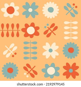 Geometric seamless pattern with daisies and dragonflies in scandinavian style. Vintage print for T-shirt, poster, textile and fabric. Floral vector background for decor and design.



