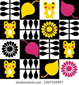 Geometric seamless pattern with daisies and frogs in swiss style. Floral checkered print for tee, poster, fabric, textile. Retro vector illustration.
