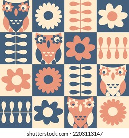 Geometric seamless pattern with daisies and owls. Checkered vintage print for T-shirt, poster, textile and fabric. Floral vector background for decor and design.

