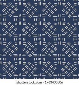 Geometric seamless pattern with dash line on blue background. Geometric line shapes endless wallpaper. Decorative backdrop for fabric design, textile print, wrapping, cover. Vector illustration.