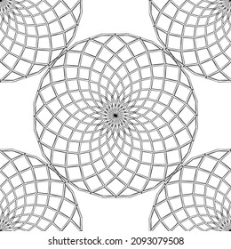 Geometric seamless pattern with decorative circular patterns of black lines Isolated on white background. Vector illustration